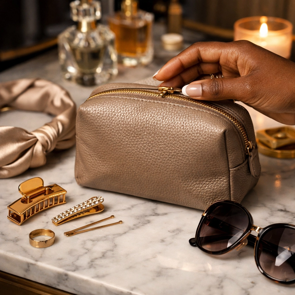 Luxury hair accessories and a premium cosmetic bag from a Black-owned brand on a white marble vanity.