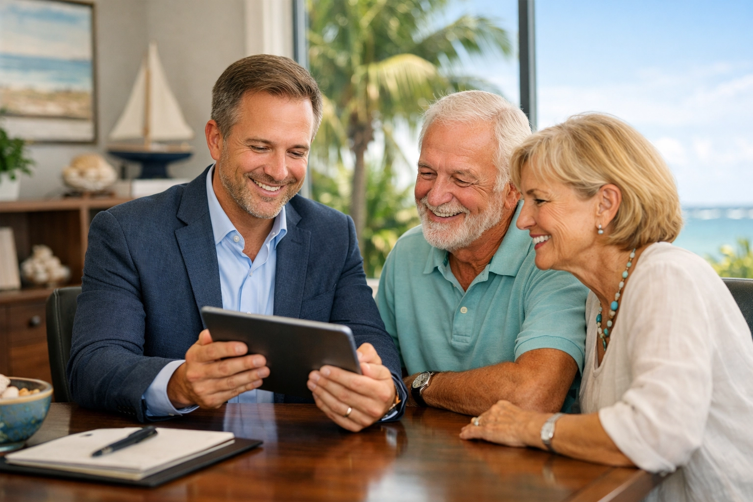 Senior couple consulting with a health insurance agent in Englewood, FL, inside a bright, modern office.