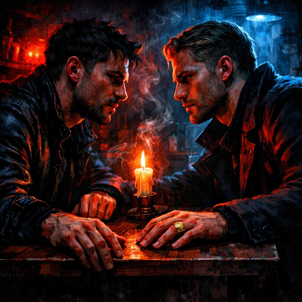 Men sharing a tense moment at a candlelit bar, illustrating the enemies to lovers trope in gay romance novels.