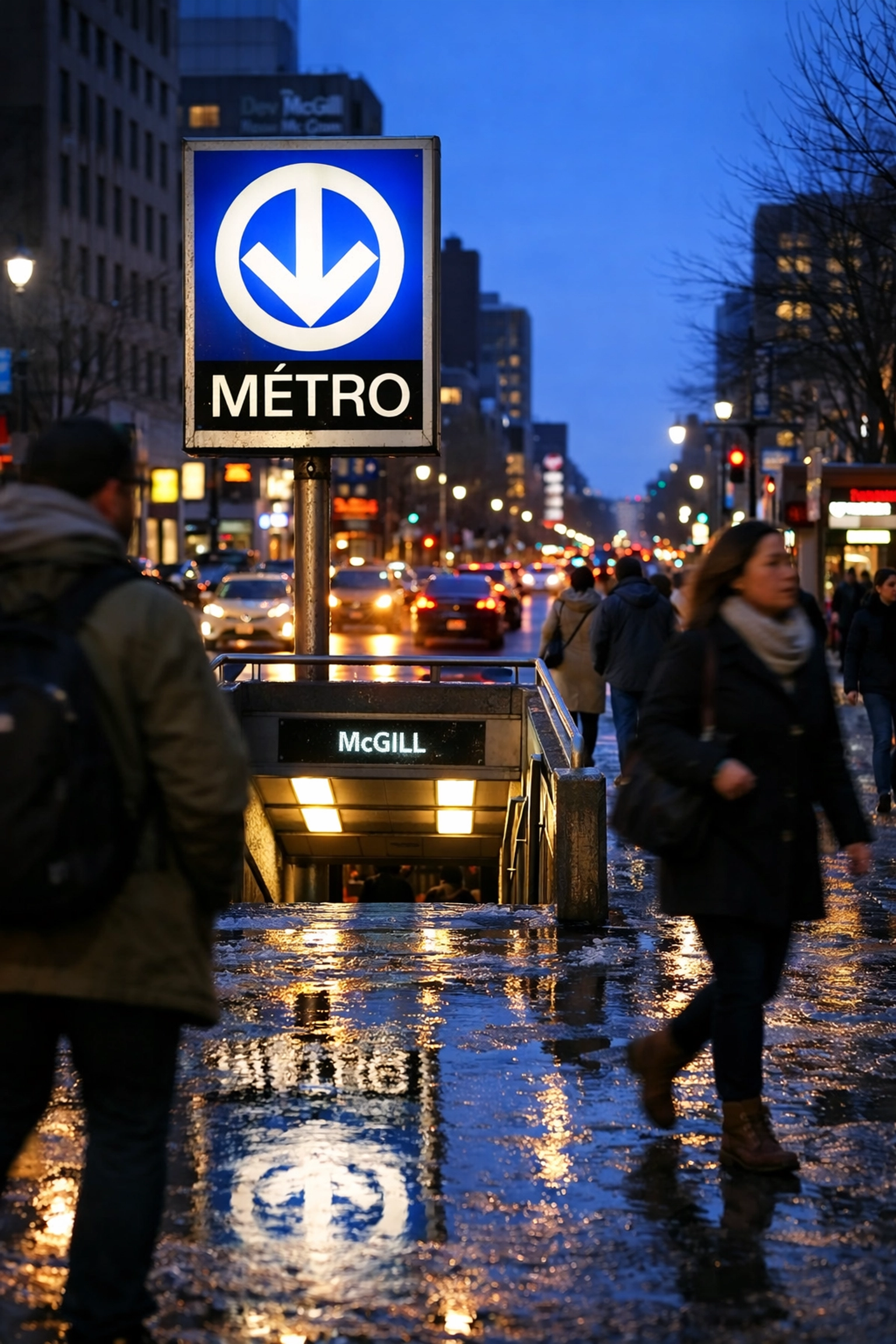 Evening view of a Montreal Metro entrance during the spring festival season in March.