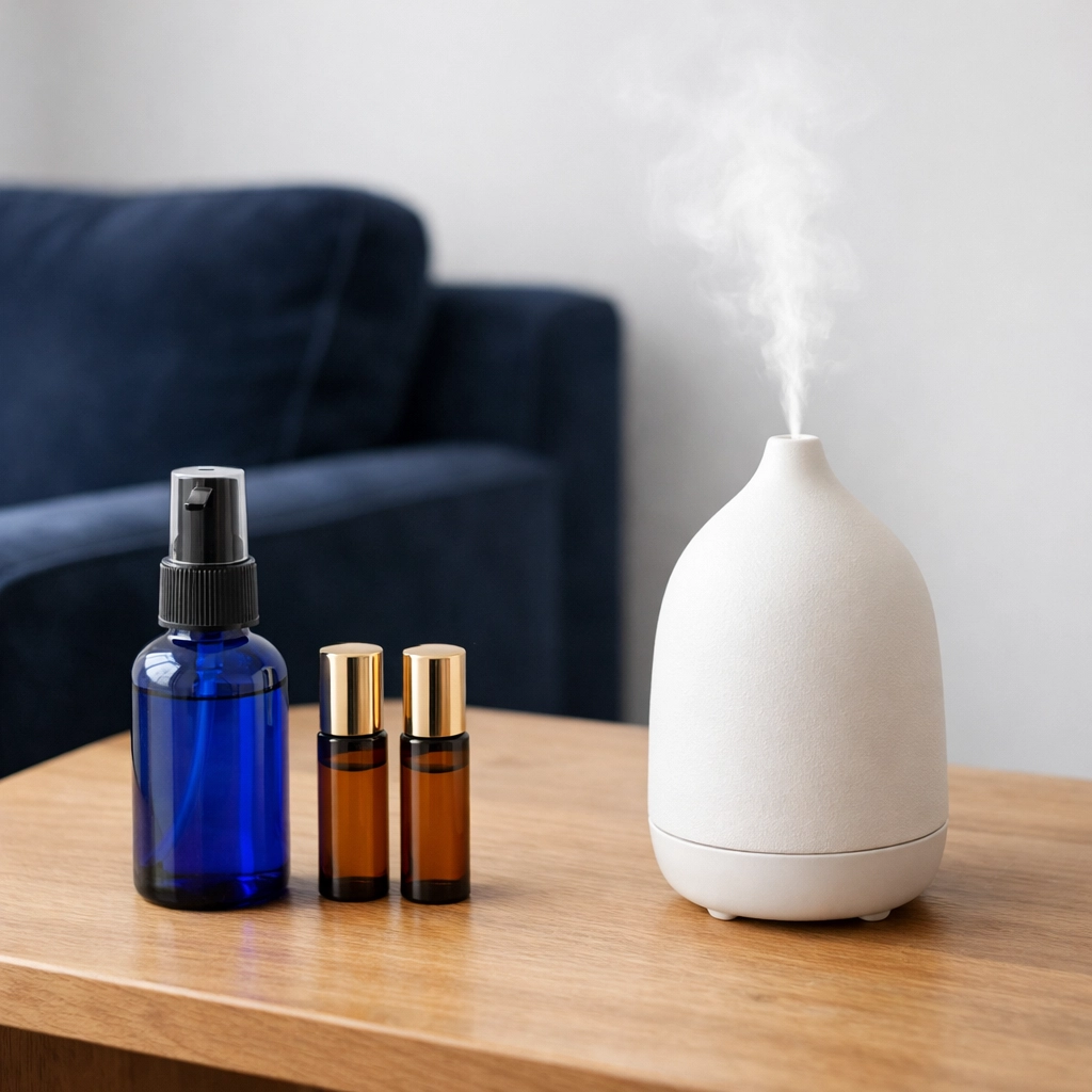 Essential oil diffuser and glass spray bottles in a clean, professionally organized living room.