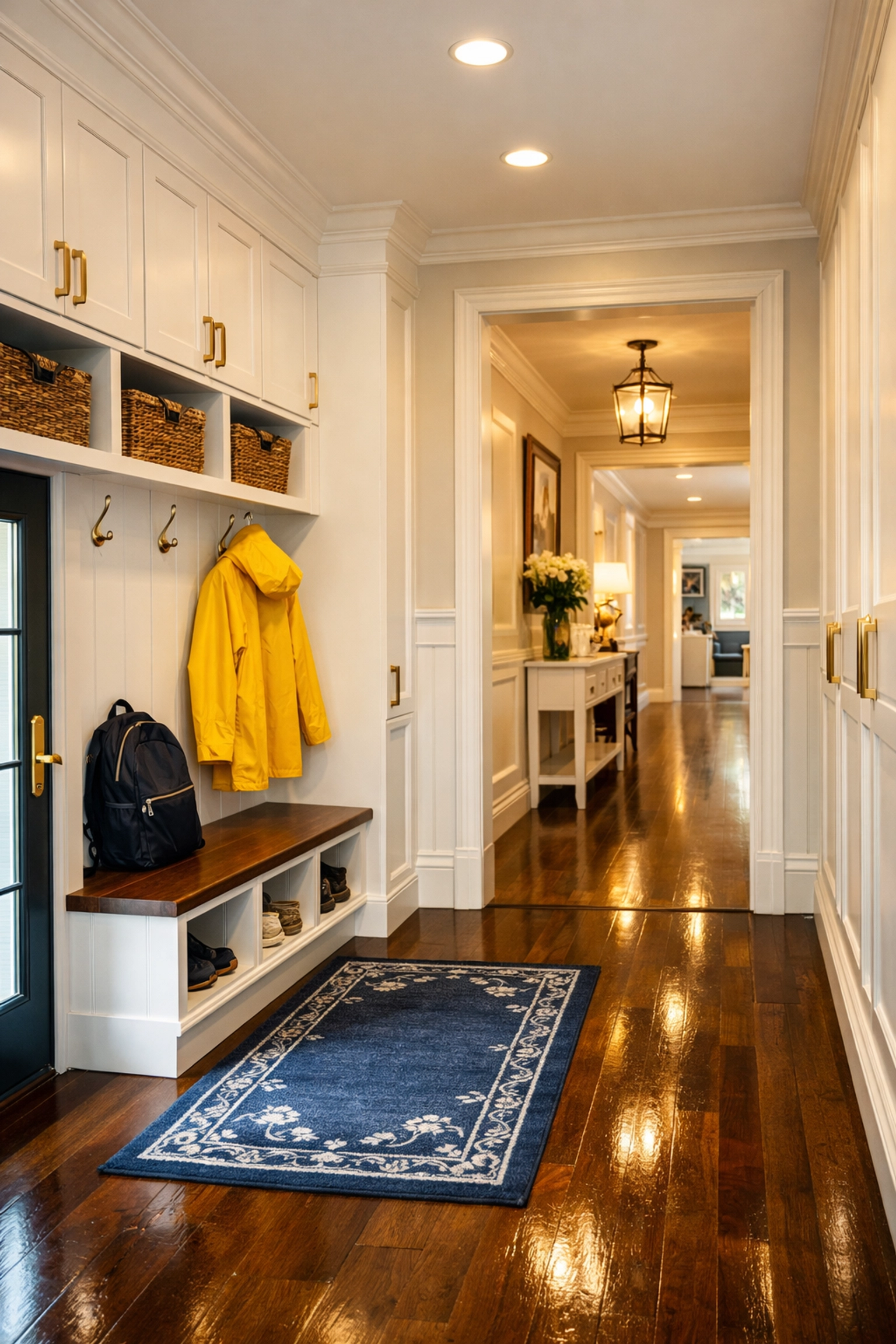 Organized and spotless luxury mudroom in a Sudbury residence, keeping the home free of outdoor grime.