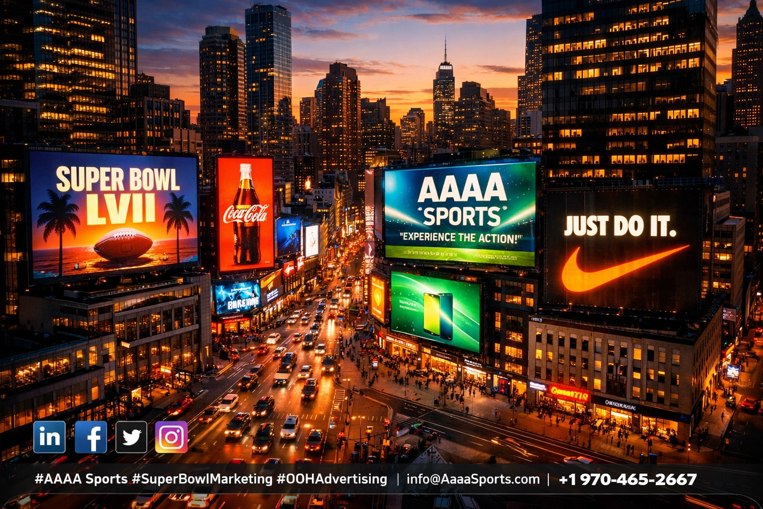 City skyline with illuminated digital billboards and out-of-home advertising