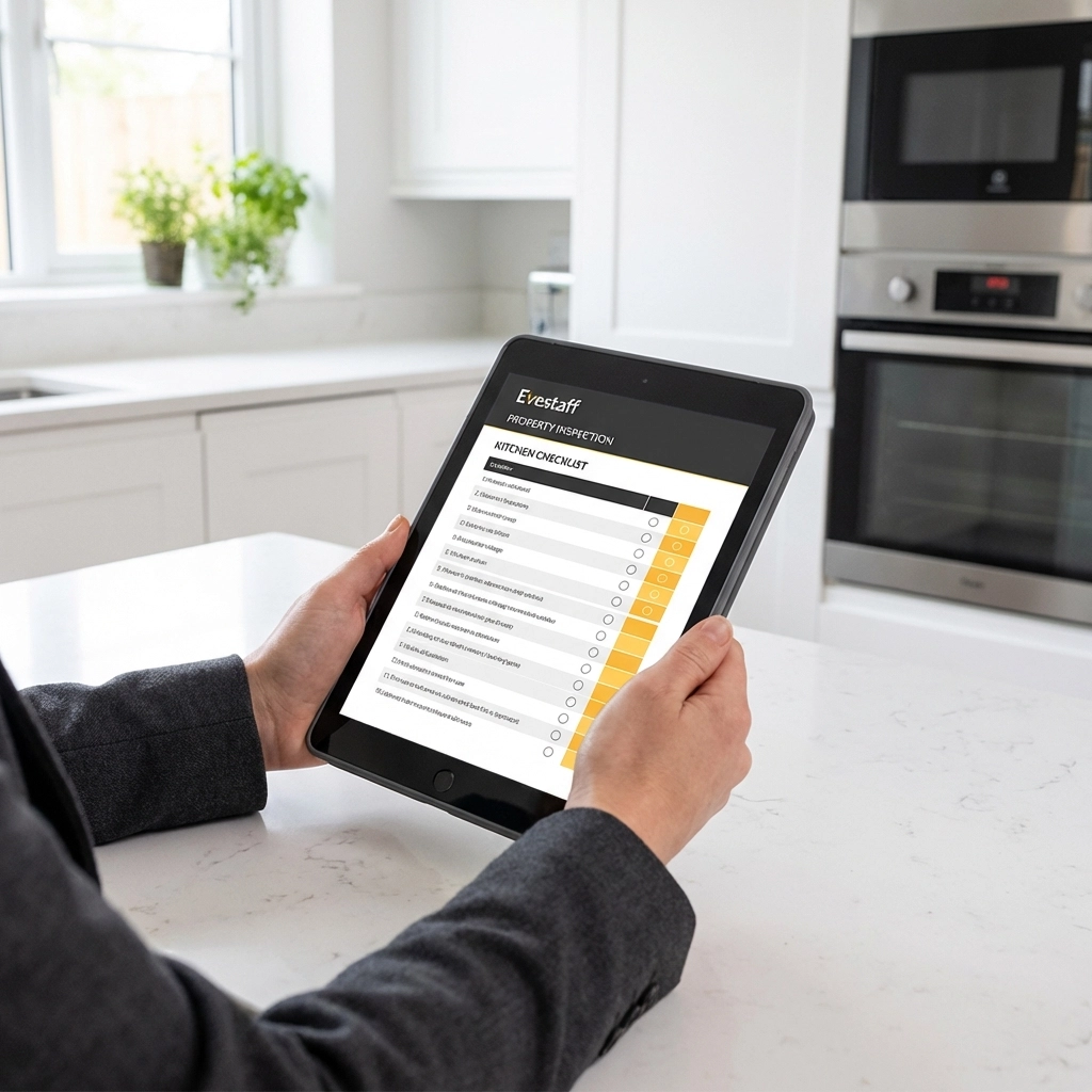 Property manager using tablet with digital inspection checklist in modern kitchen during tenancy check