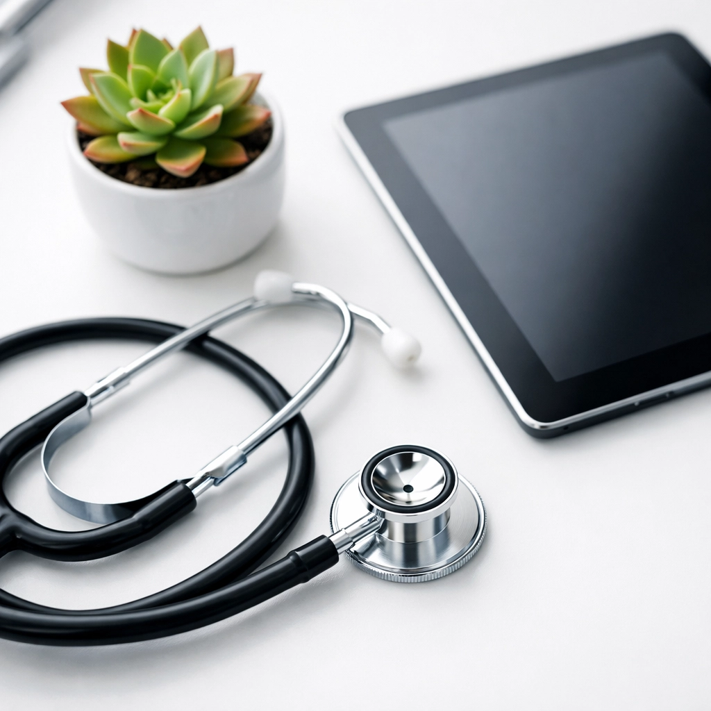 Professional stethoscope and digital tablet used for clinical weight loss assessment and medical review.