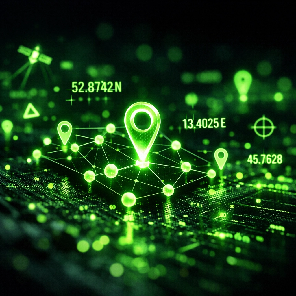 Digital GPS coordinate markers and nodes for precise roadside assistance mapping in Houston.