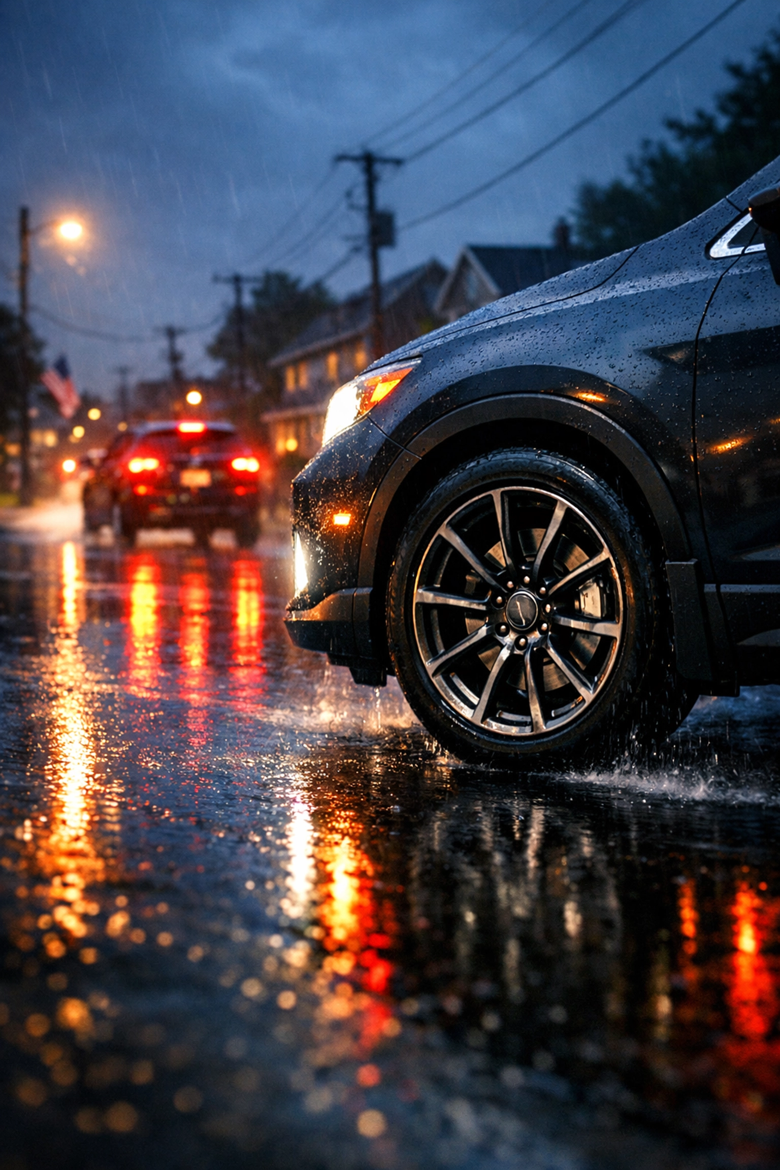 A car safely navigating a wet New Cumberland street with reliable brakes in the rain.