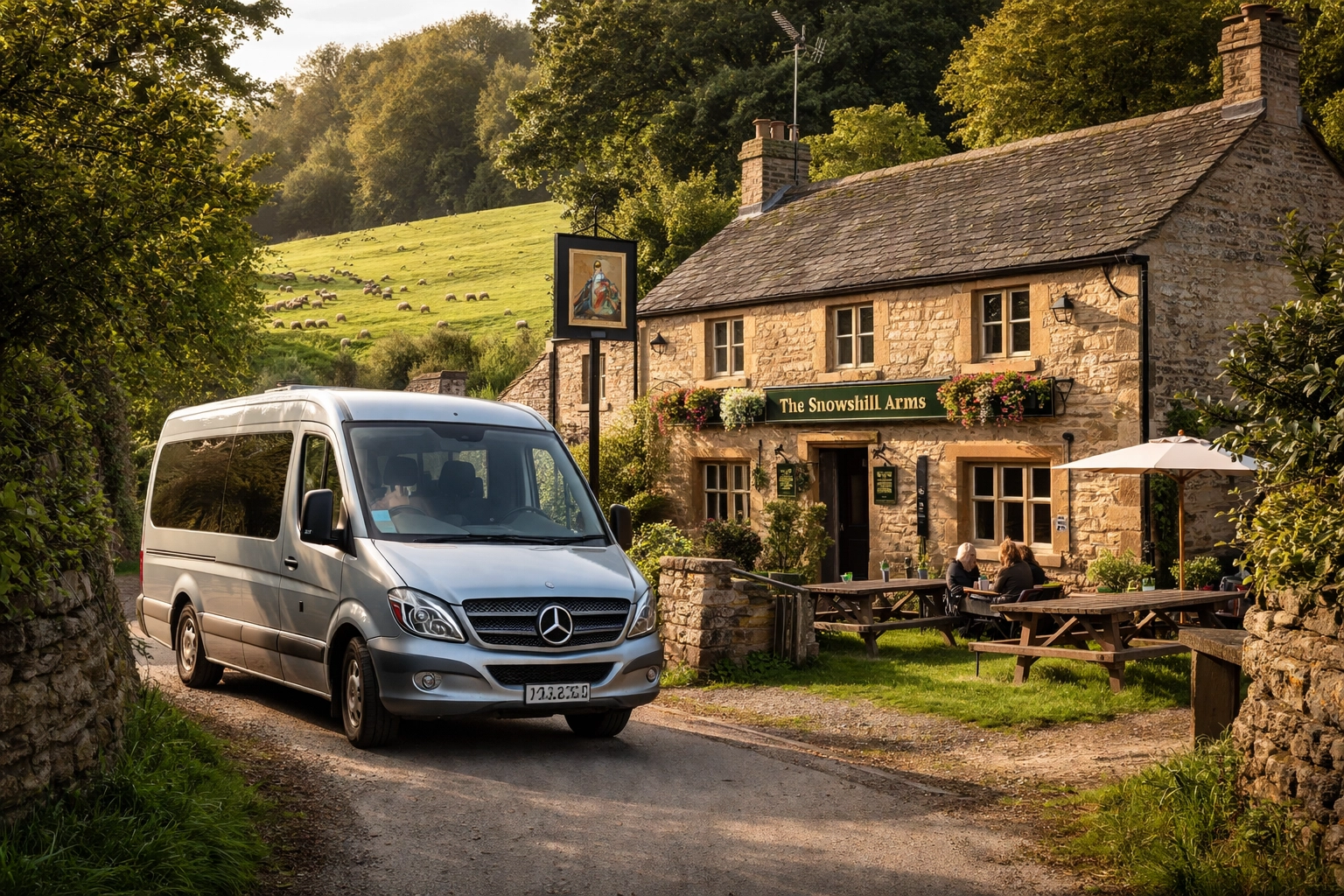 Mercedes minibus parked beside Snowshill Arms pub with beer garden, Cotswolds hills and sheep, rural and authentic pint stop