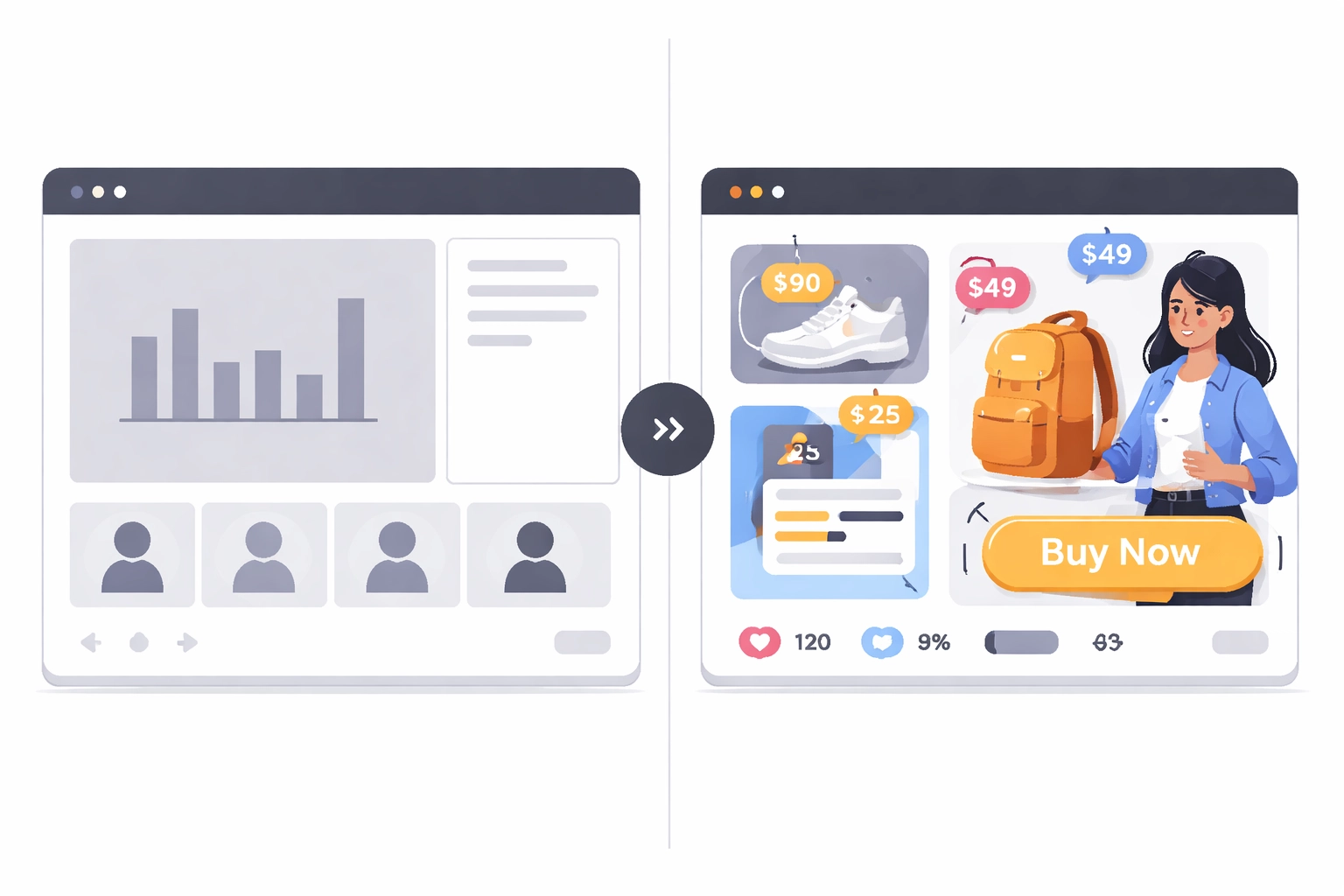Comparison of traditional video conferencing with an interactive live shopping platform featuring product tags and chat.