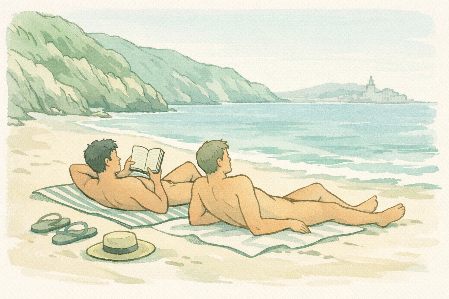 Two men relaxing at Platja de l'Home Mort clothing-optional beach surrounded by Garraf cliffs