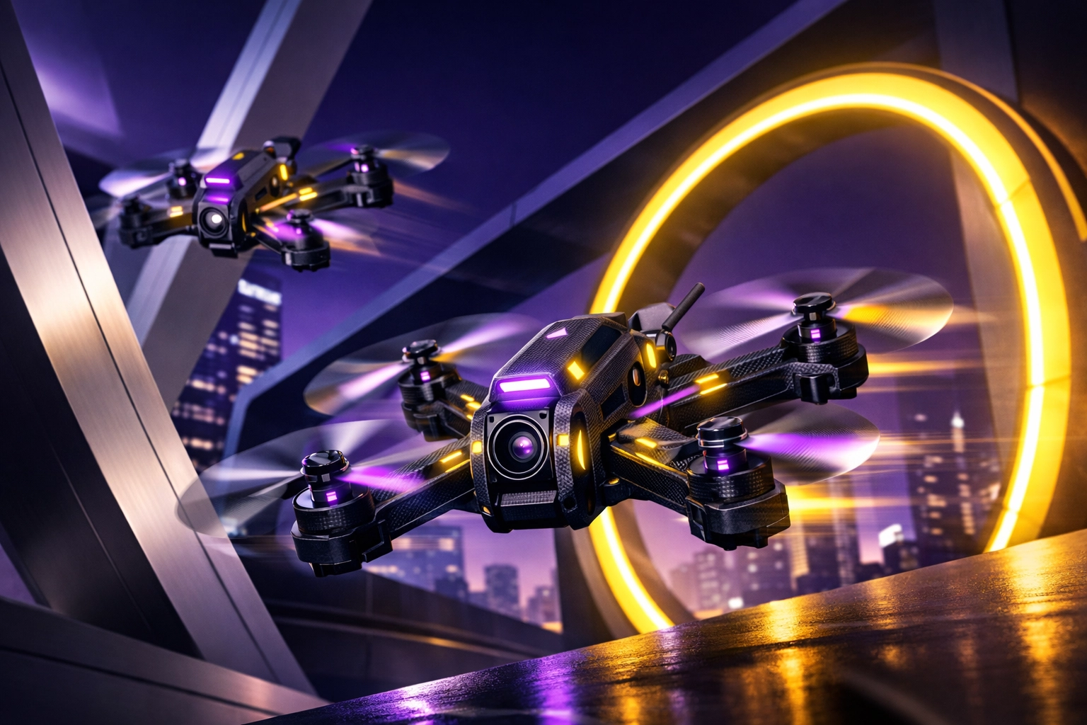 Advanced FPV drone technology threading through modern architecture