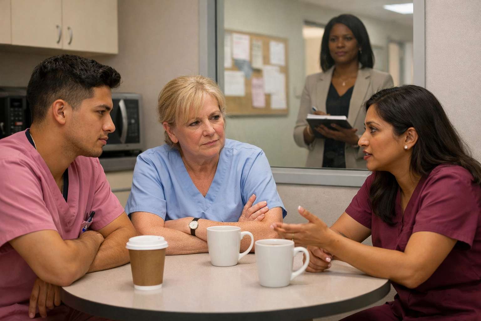 New Director of Nursing observing nursing staff team dynamics in healthcare facility break room
