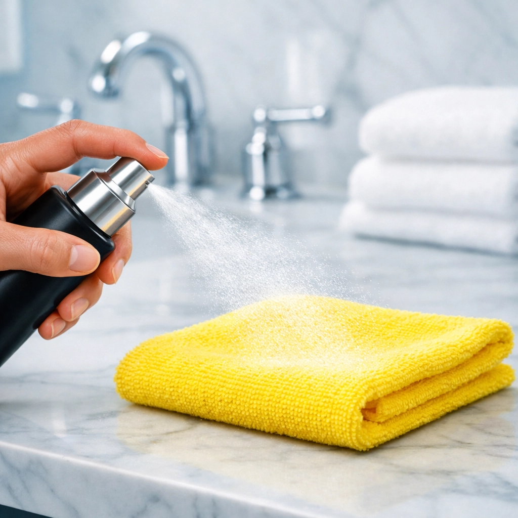 Applying cleaner to a microfiber cloth for safe and effective weekly house cleaning in Westford.