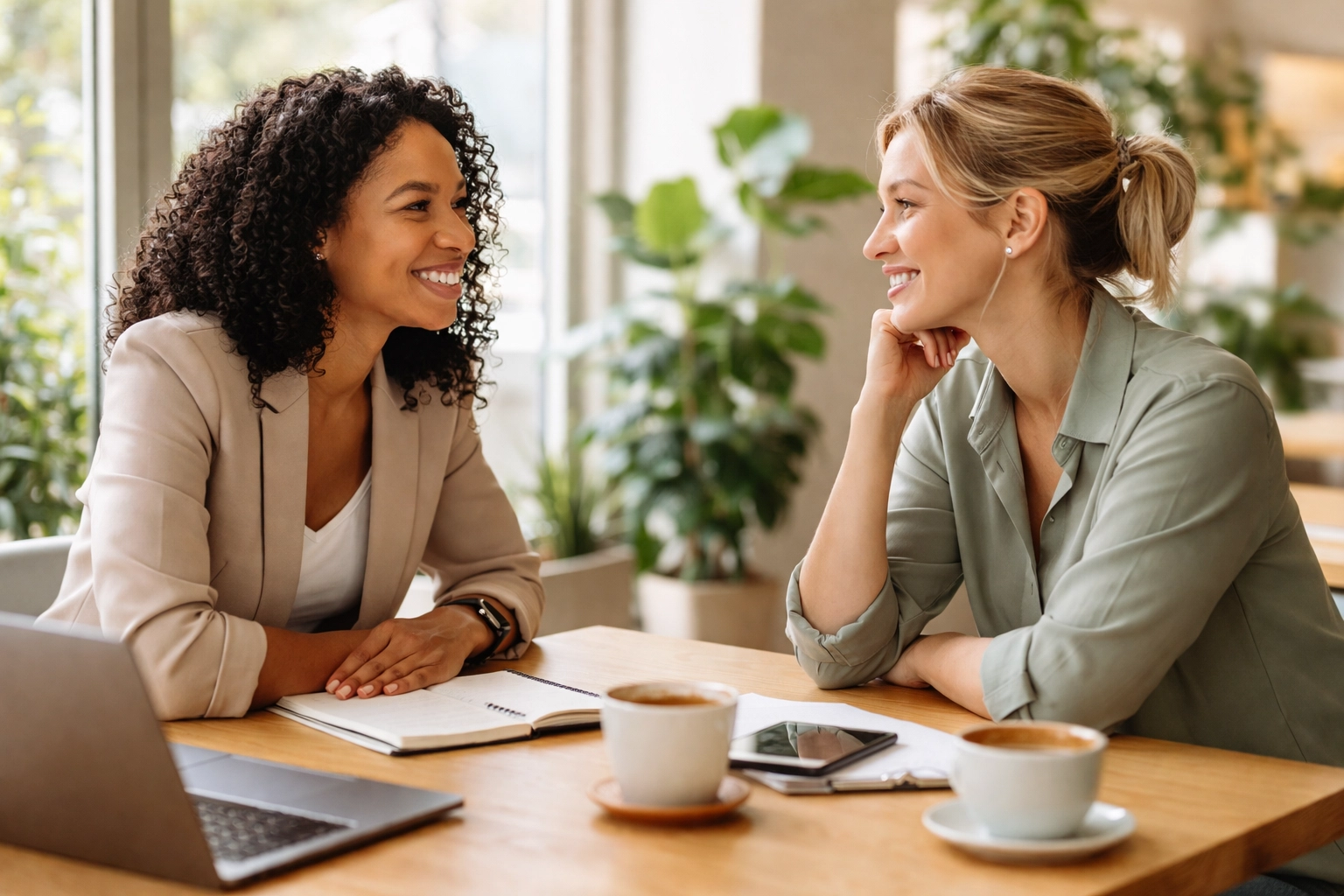 Two entrepreneurs sharing support in a co-working space, illustrating founder community and connection