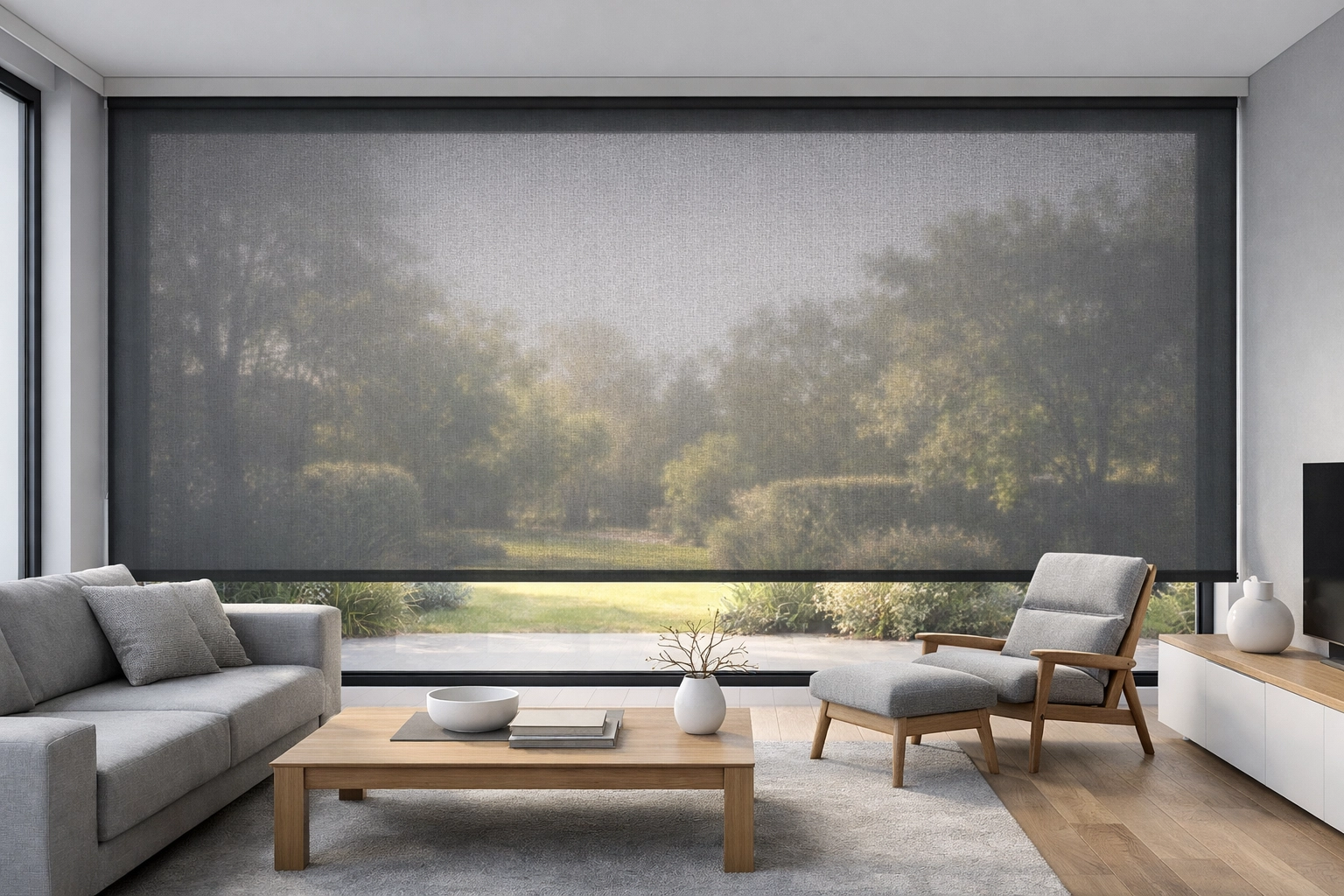 Transparenter Zip Screen Wien im Wohnzimmer für Sichtschutz ohne Panoramaverlust.