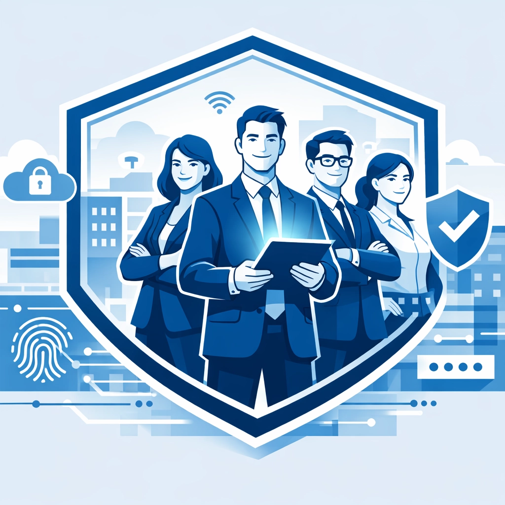 Business team collaborating within a digital shield symbolizing modern data protection and security.