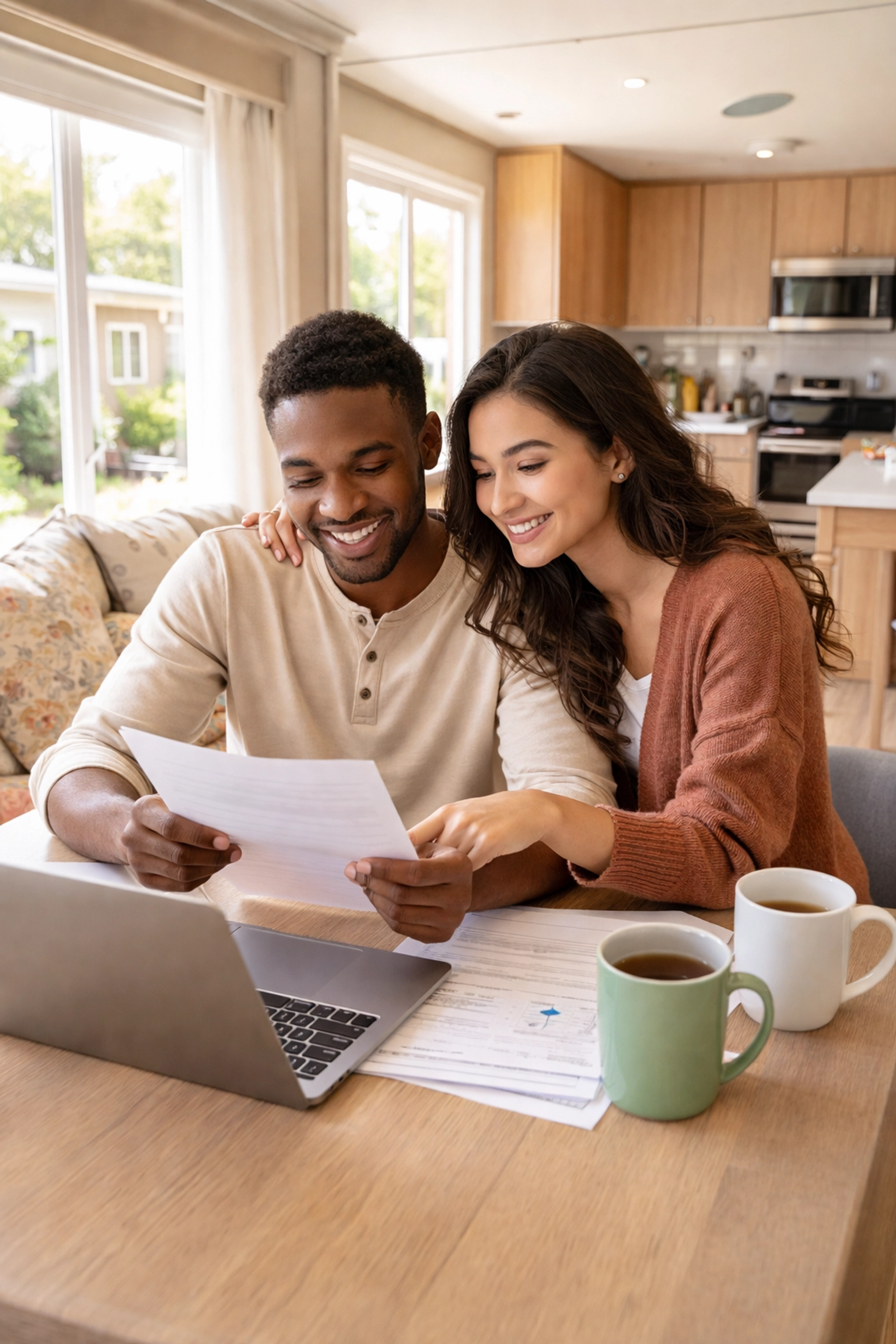 Young couple reviewing manufactured home loan paperwork at their kitchen table