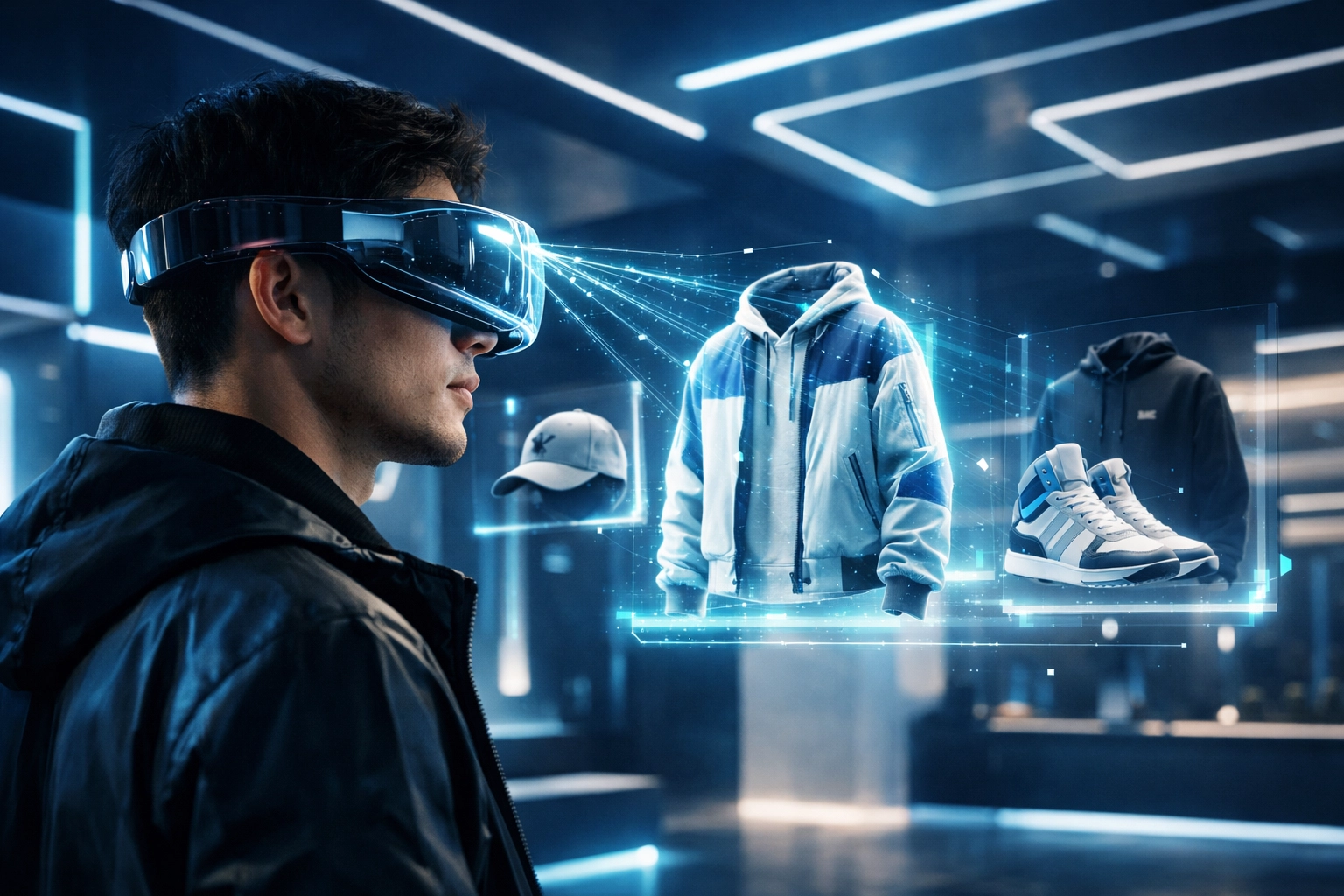 Futuristic metaverse shopping with AI gaze tracking and holographic Larecoin streetwear in a digital boutique.