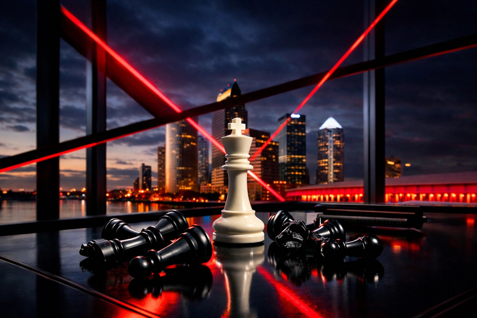 Winning chess piece on an executive desk overlooking Tampa, representing a successful business exit strategy.
