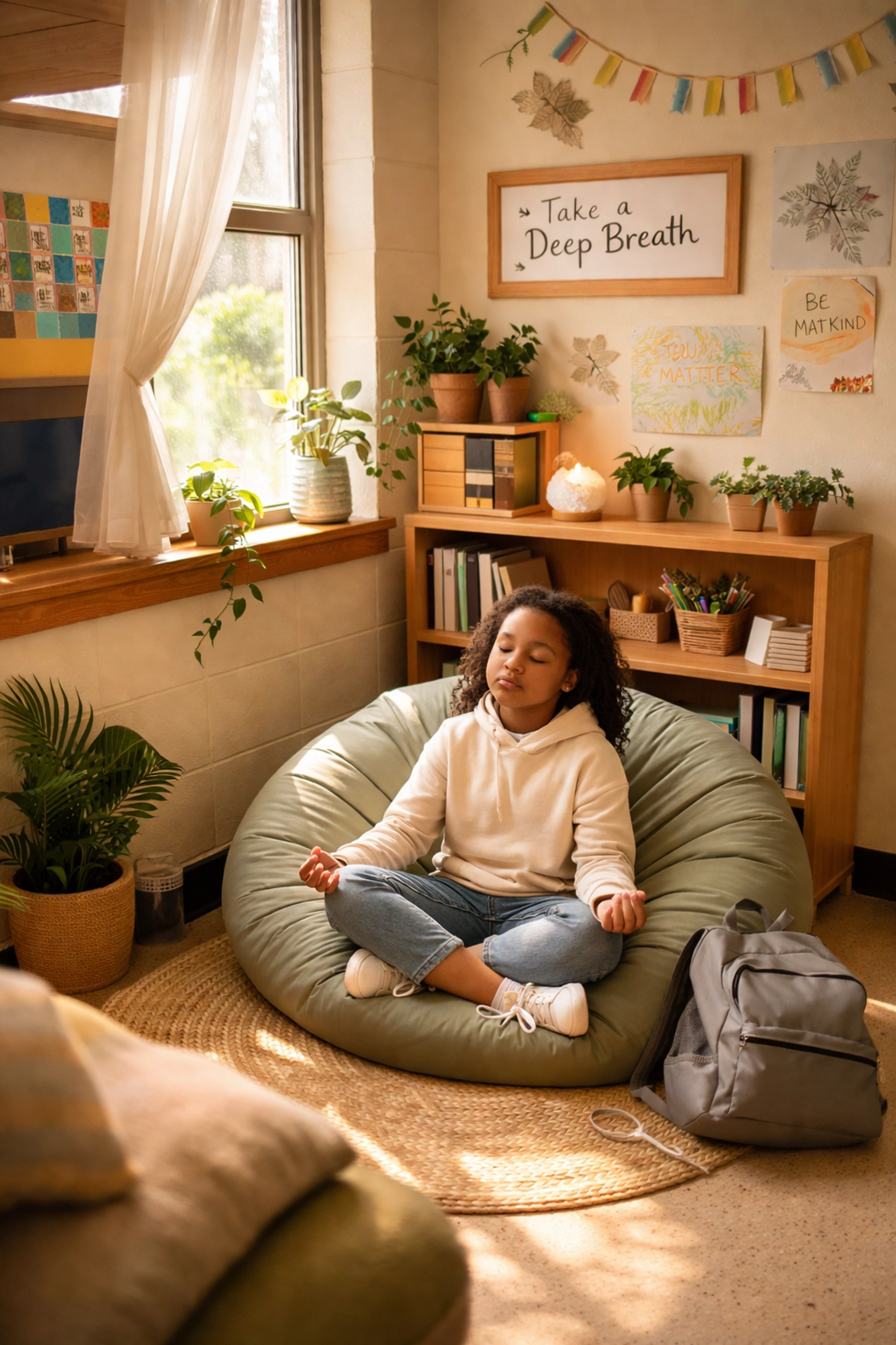 Student resting in a serene school wellness nook with calming colors, promoting trauma-informed care and emotional regulation.