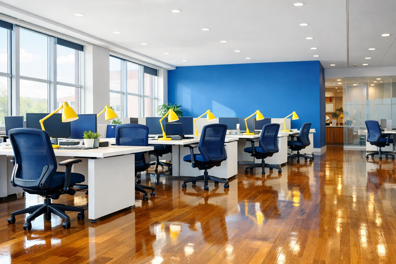Bright, modern Burlington office workspace with polished hardwood floors and clean desks for improved employee morale.