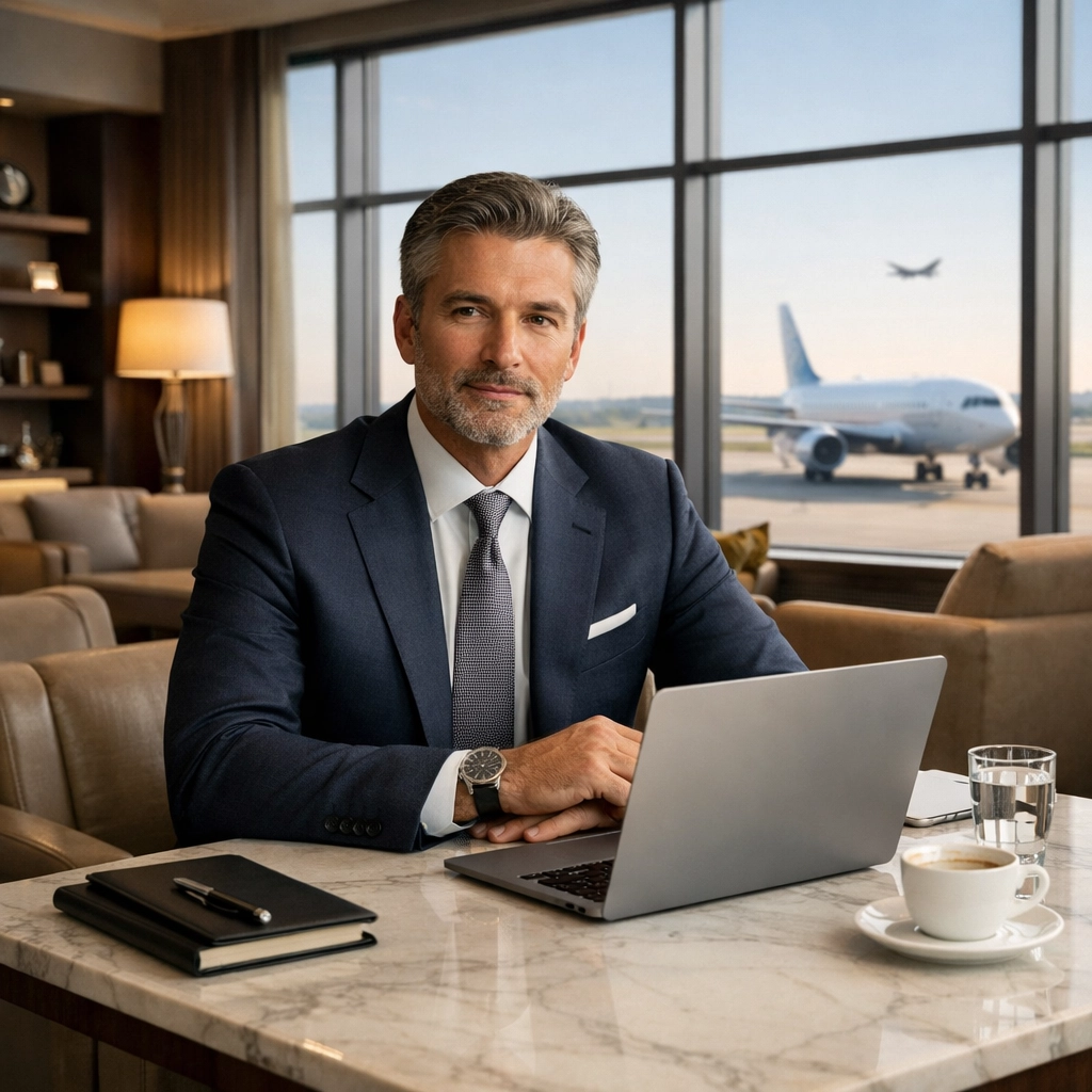 Executive reviewing corporate travel ROI and expenses in a luxury airport lounge after an event.