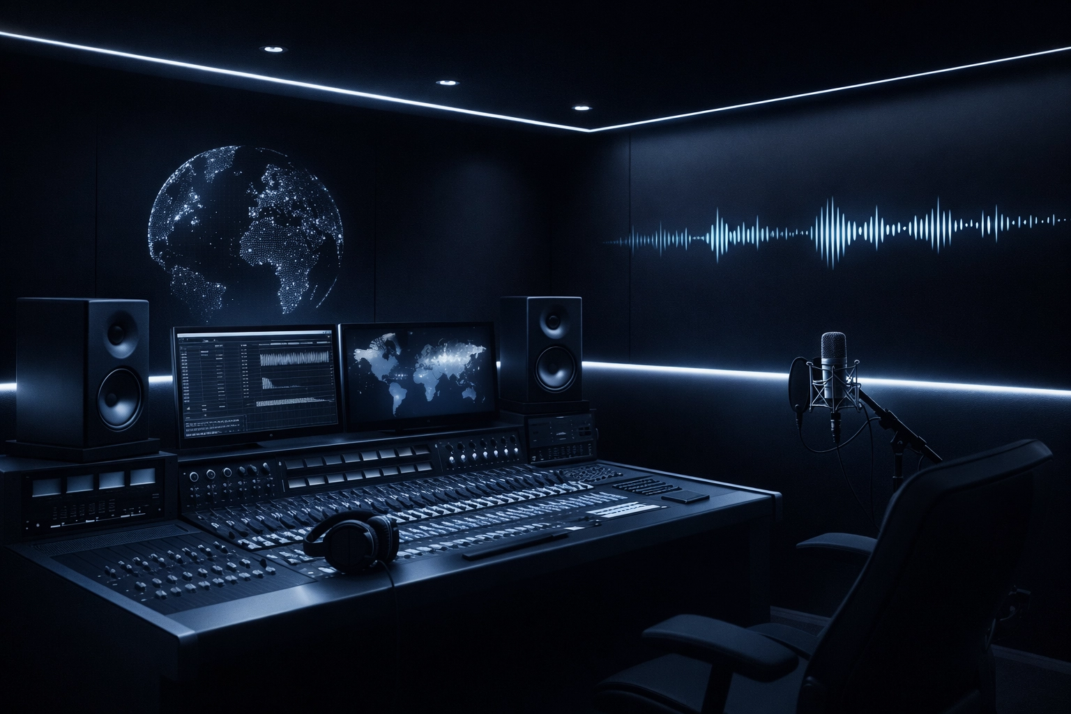 Sleek, dark, minimalist premium recording studio with cool silver and deep blue tones, clean modern lines, and subtle global waveform elements.
