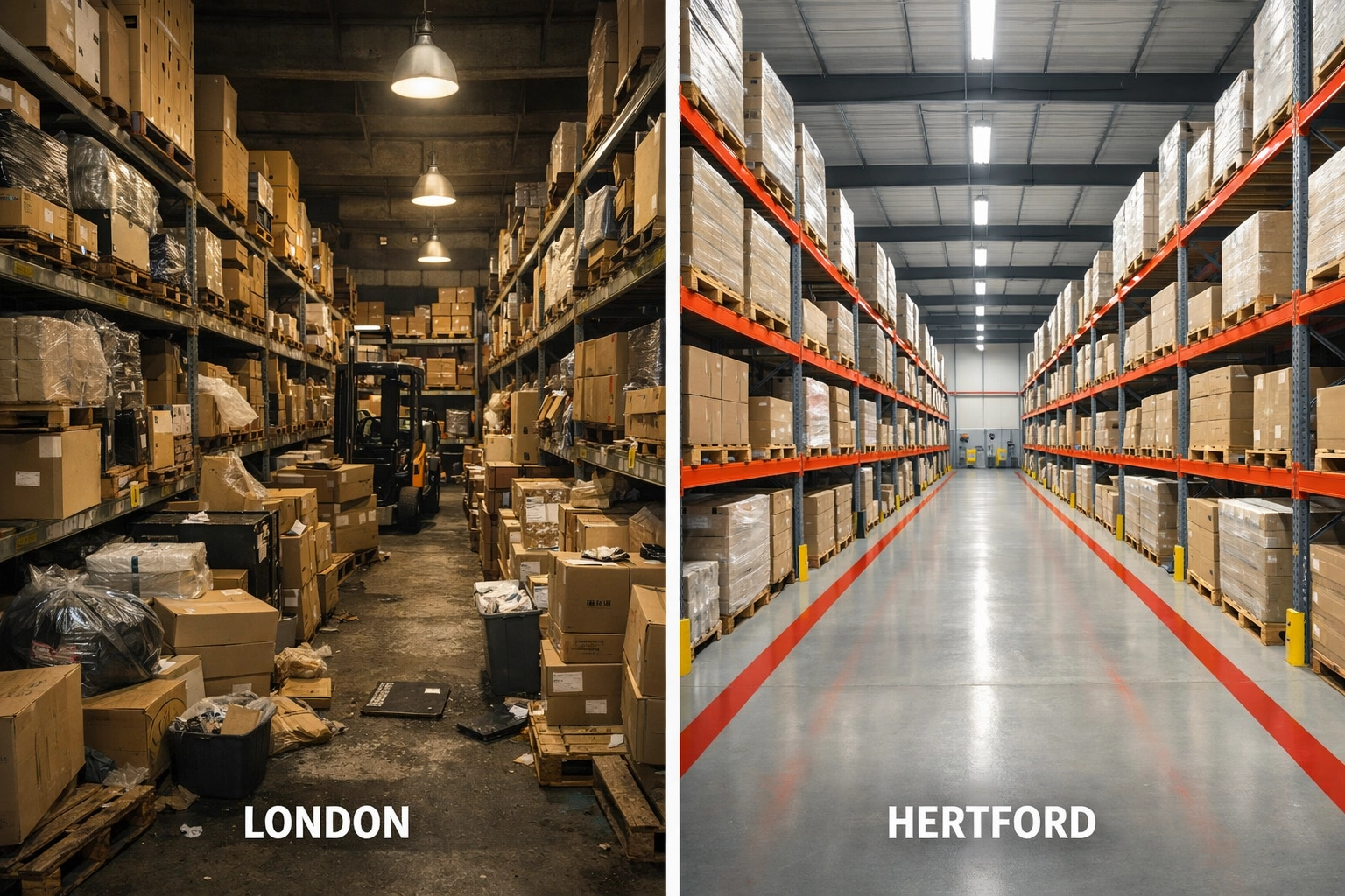 Comparison of spacious Hertford warehouse versus cramped London storage facility