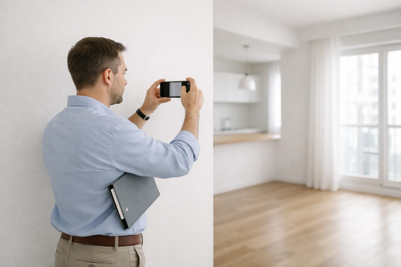 Property manager documenting apartment conditions during pre-move-out inspection with smartphone