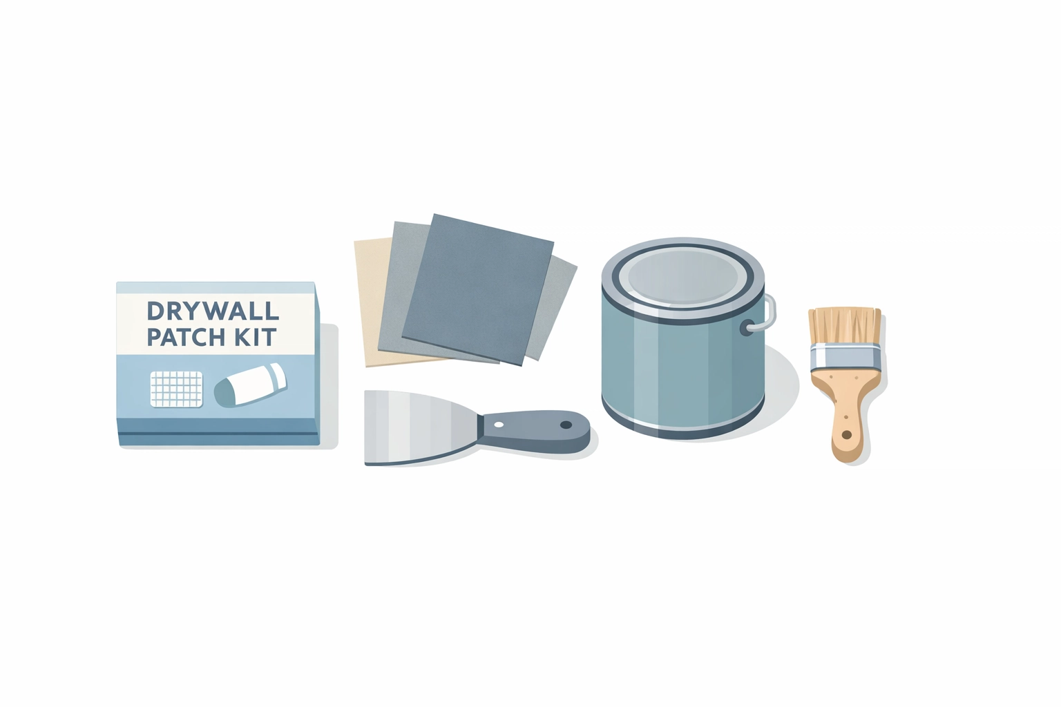 DIY drywall repair supplies including patch kit, sandpaper, putty knife, and paint