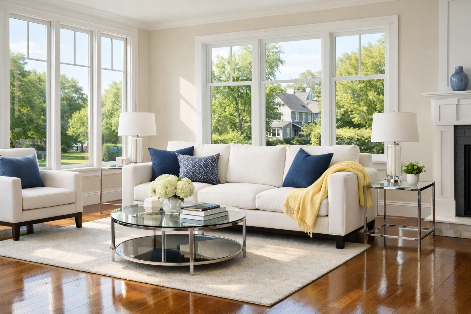 A spotless modern living room in Hudson, Massachusetts, showcasing the results of weekly house cleaning Hudson.