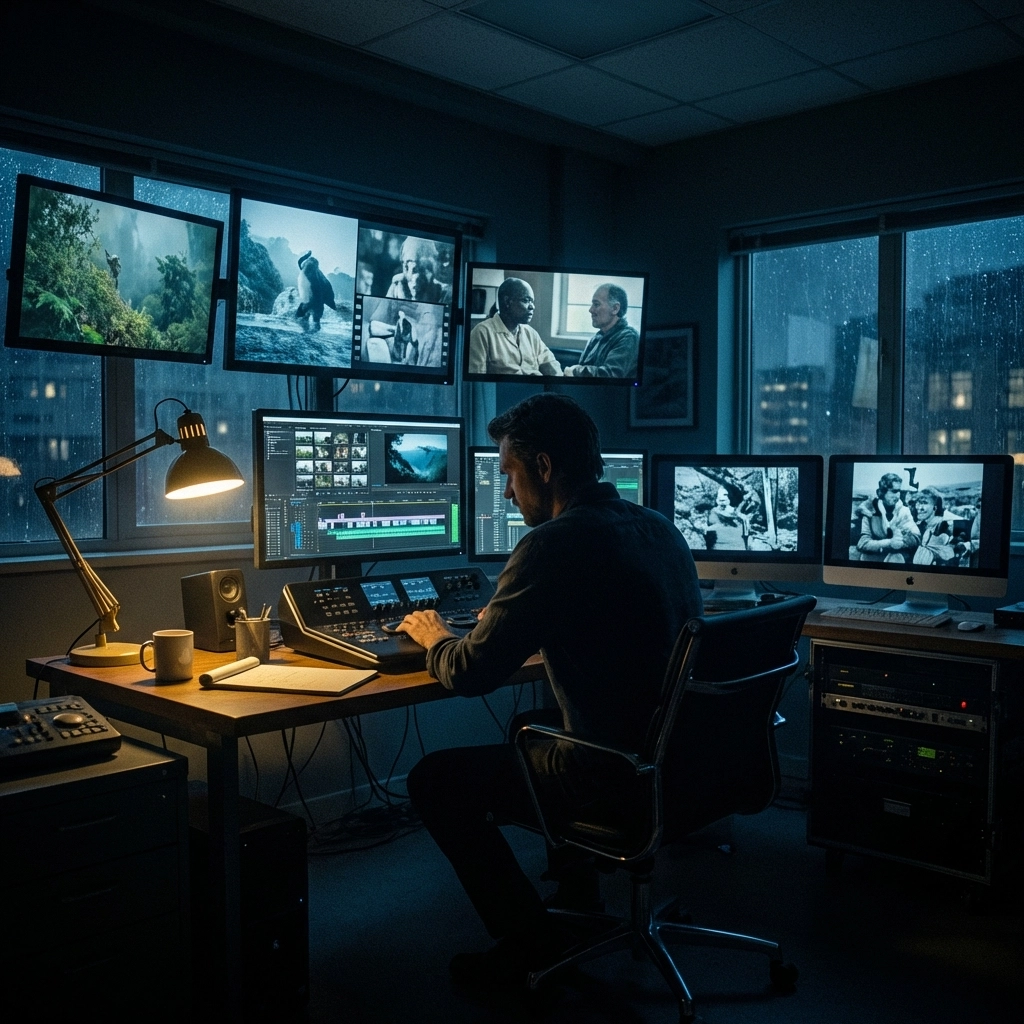 Editing suite at night with filmmaker reviewing footage, emphasizing documentary pacing and visual storytelling.