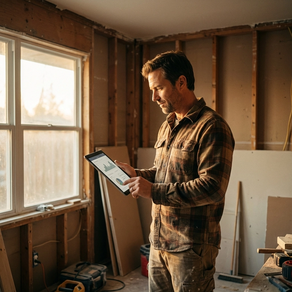 A contractor in a half-finished renovation reviews lead analytics on a tablet, highlighting the value of tracking results.