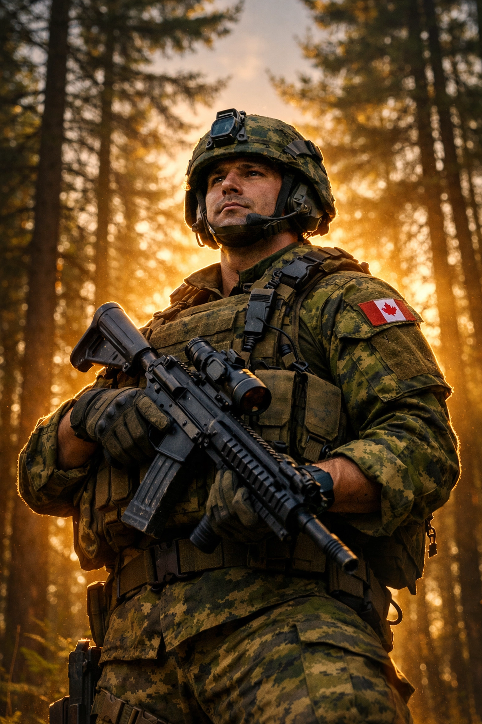 Canadian infantry soldier equipped with a new assault rifle standing in a forest during a training mission.