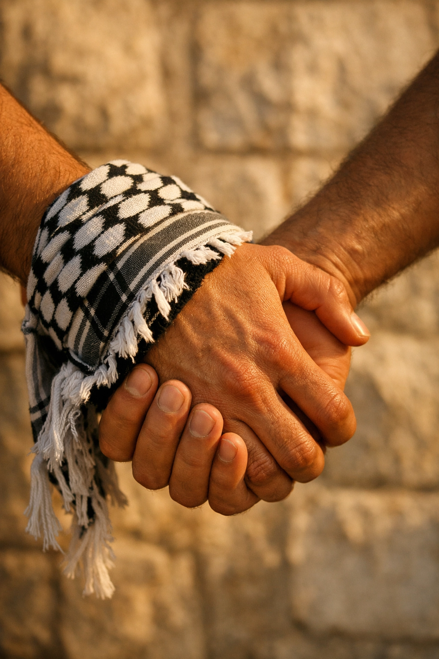 Two Middle Eastern men holding hands, one wearing a Kufiya, representing queer Palestinian identity and love.