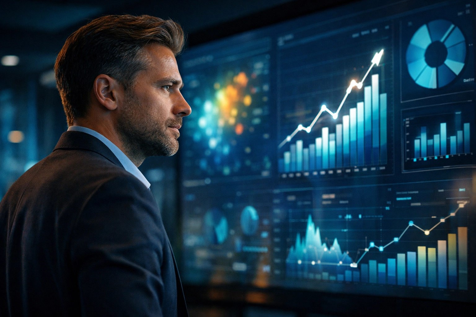 Marketing professional analyzing data visualizations to improve advertising efficiency and maximize ROI on media campaigns.