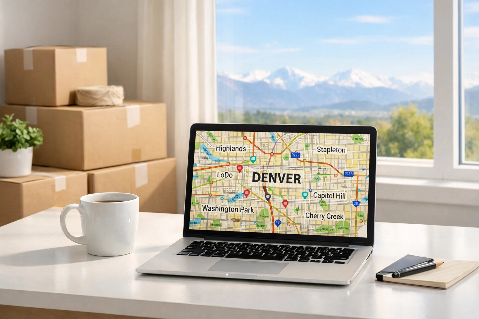 Denver relocation planning workspace with neighborhood map and moving boxes