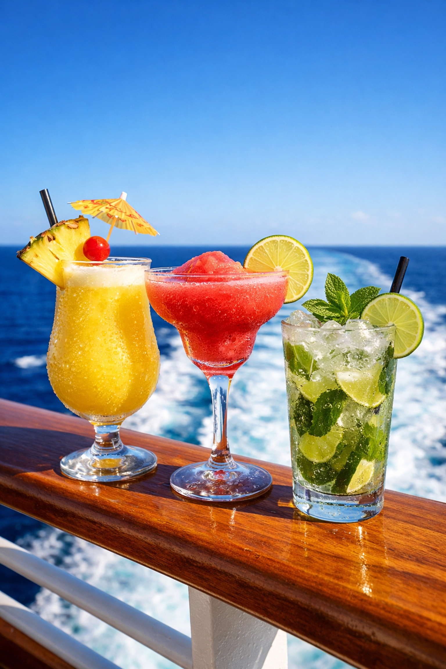 Tropical cocktails on a cruise ship deck, highlighting perks found in the best group cruise deals.