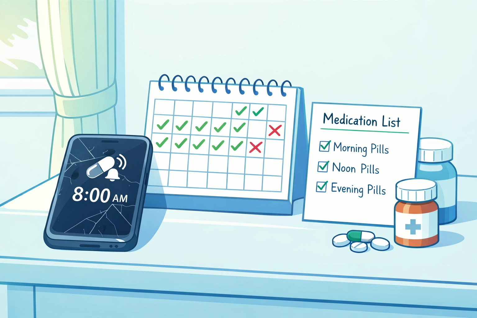 Smartphone and paper calendar showing backup medication reminder system for seniors