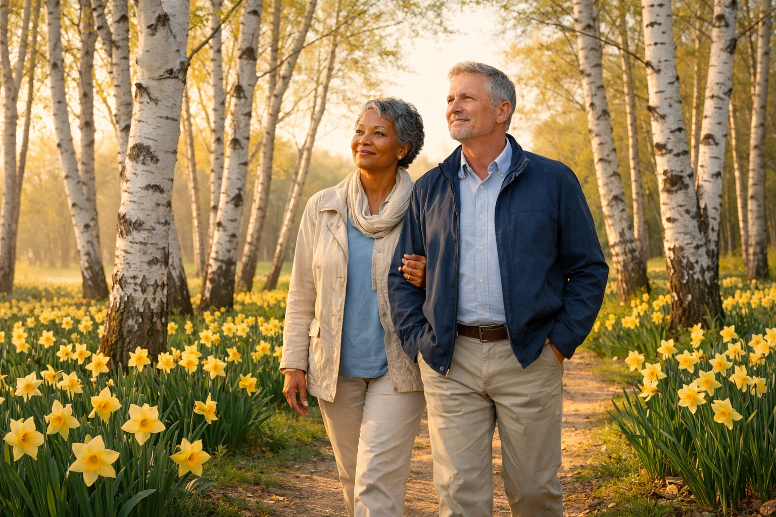 A couple walks through birch trees and daffodils, symbolizing new beginnings and financial security.