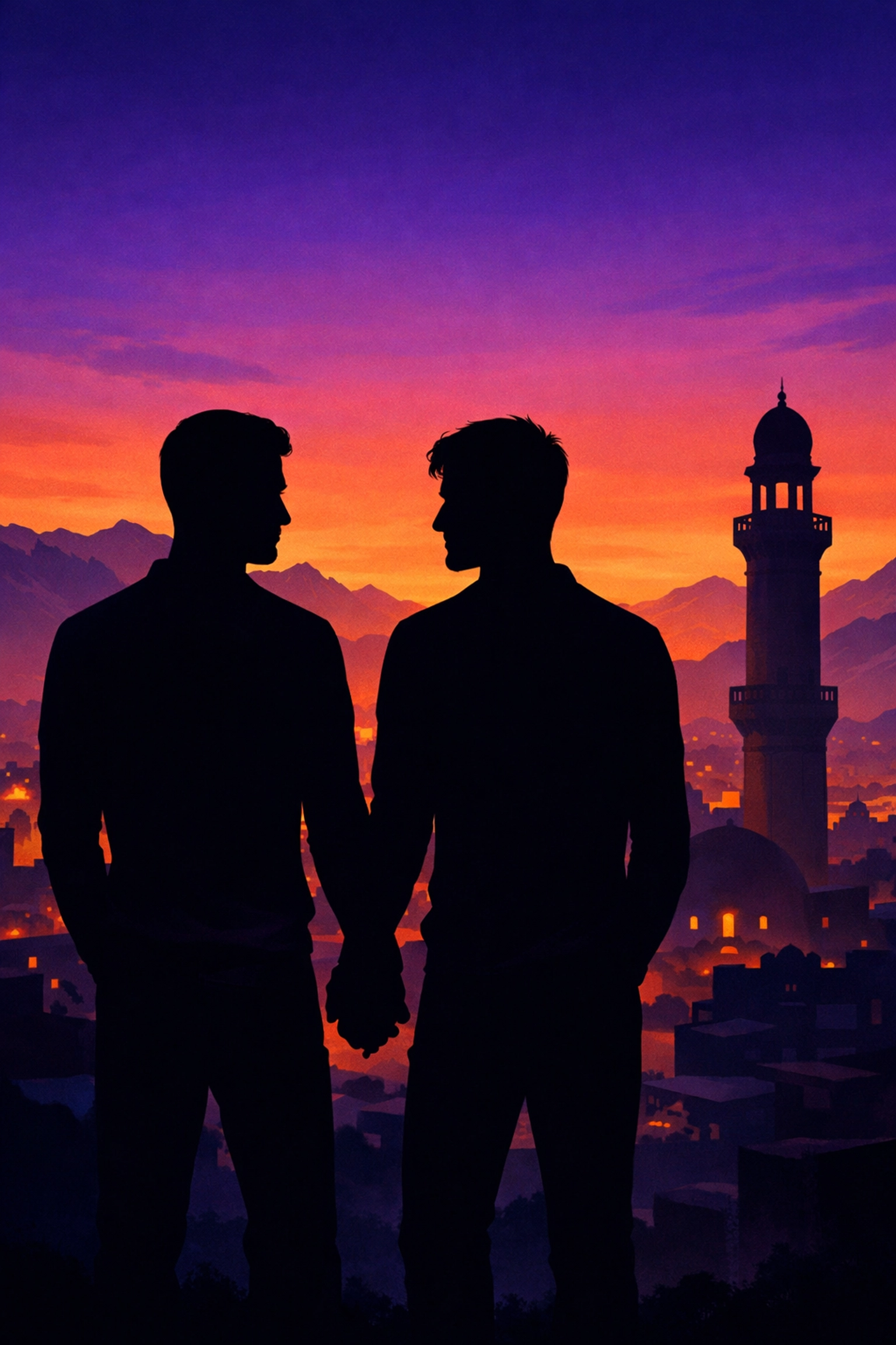 Male couple silhouettes holding hands against Kabul skyline - MM romance under the minaret