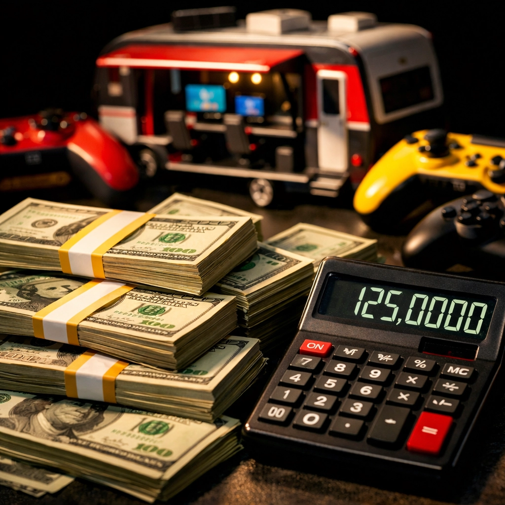 Game truck business profitability with cash and gaming equipment showing profit potential