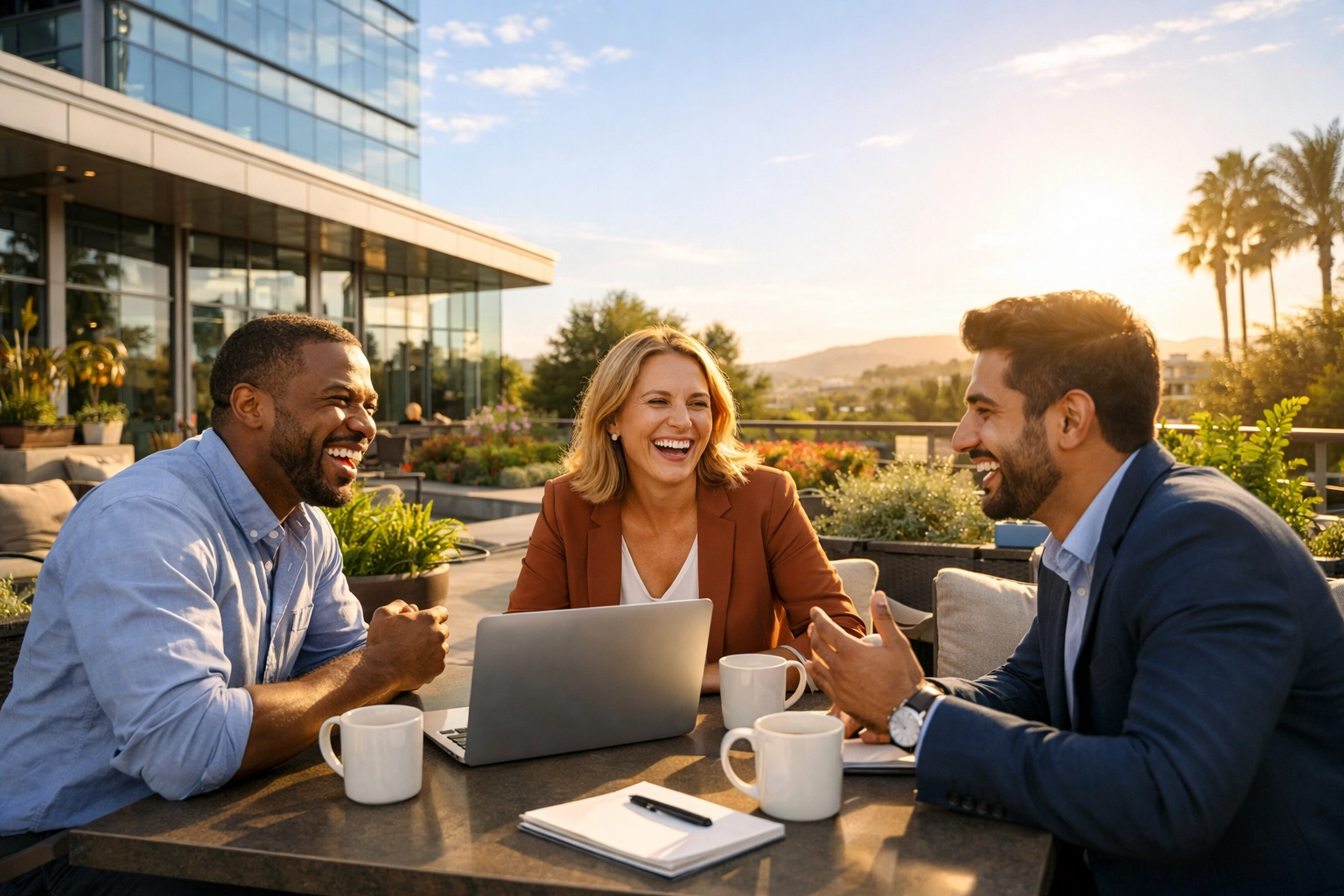 Collaborative meeting between a CBD marketing agency and business owners on a modern terrace.