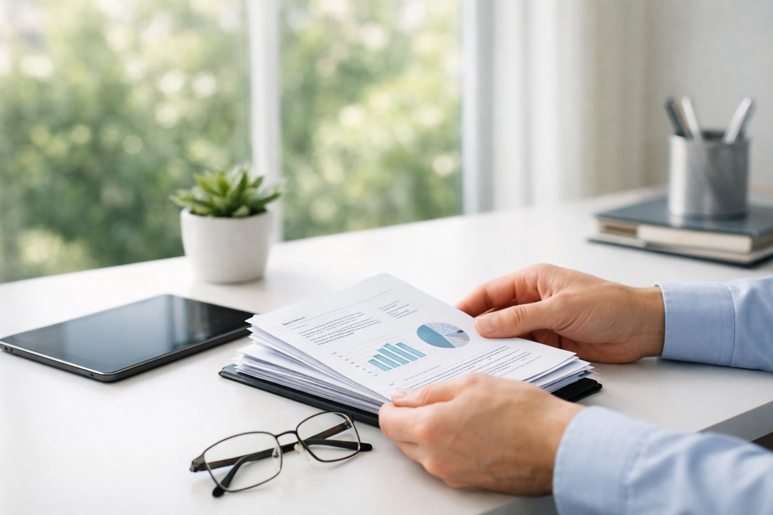 An entrepreneur organizing business tax documents and financial records at a clean, modern home office desk.