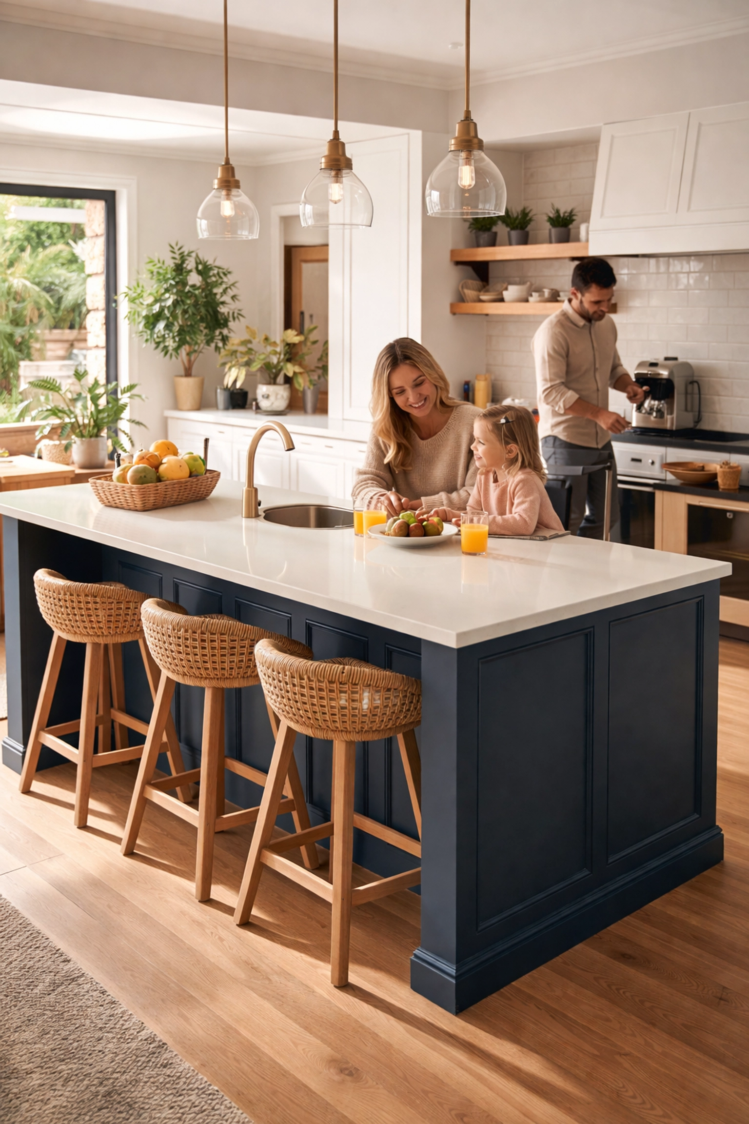 Family gathering around a navy blue kitchen island with bar stools in open-plan extension