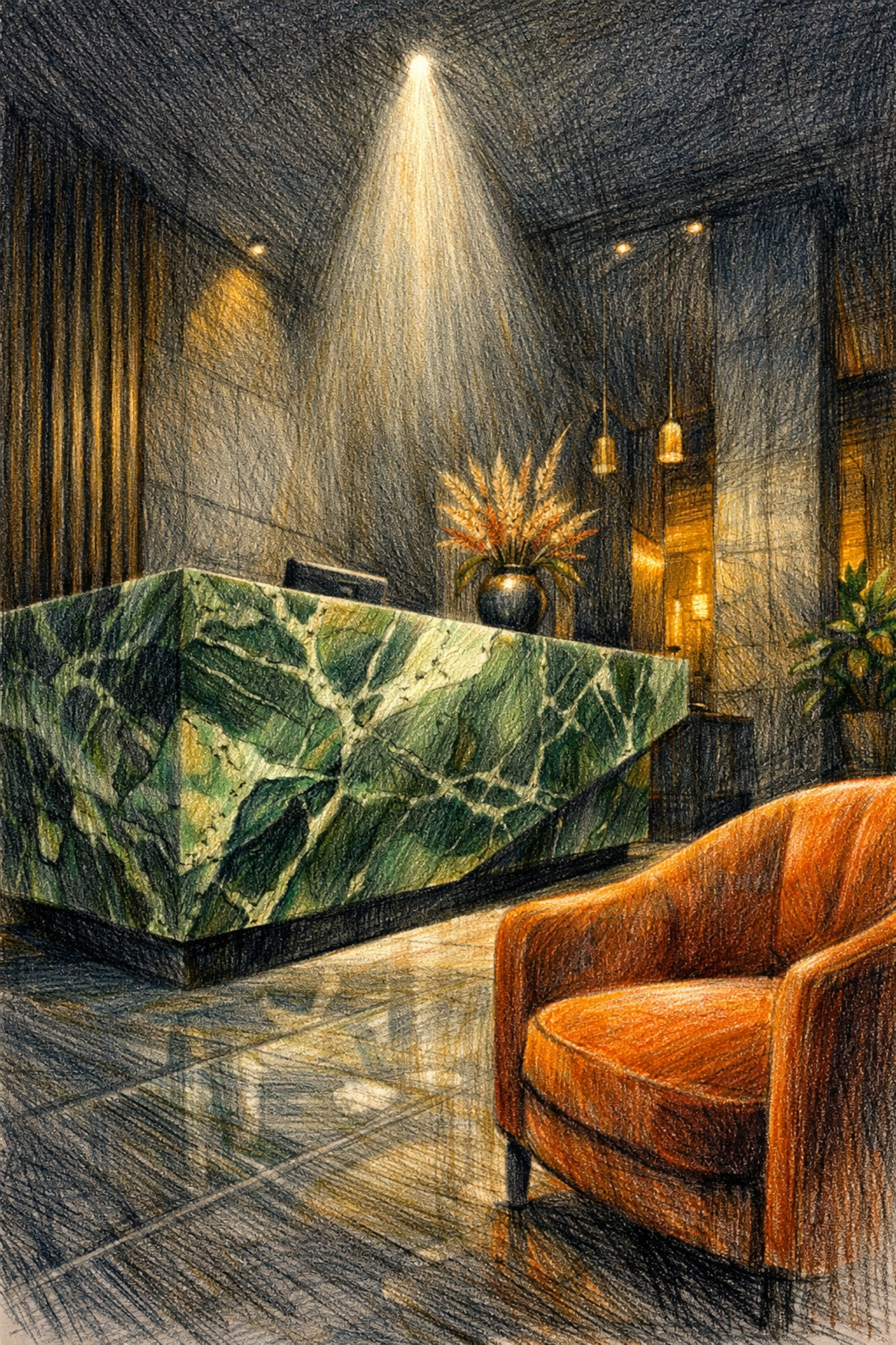 Dramatic boutique hotel lobby featuring a green marble reception desk and mood lighting.