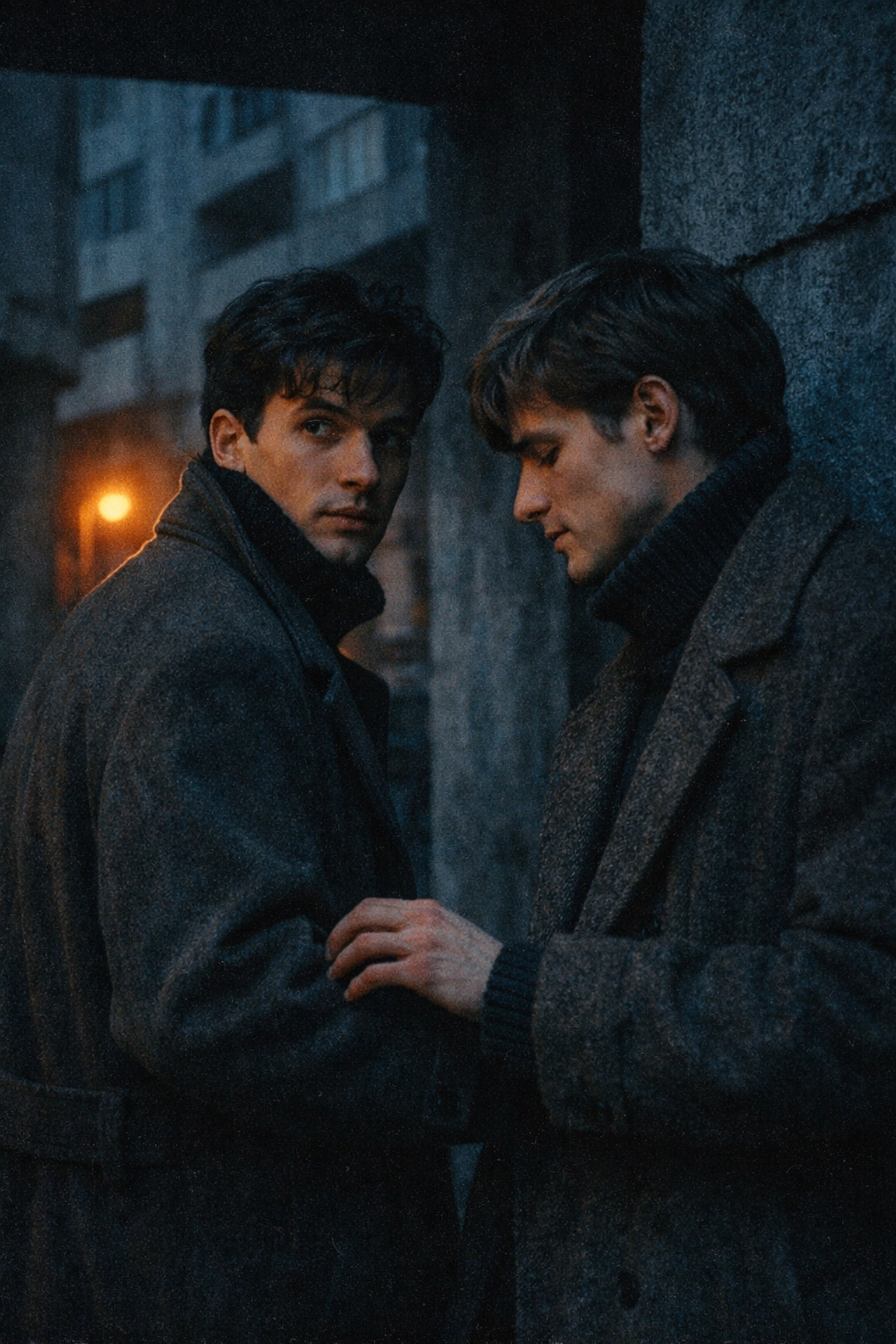 Two men sharing a secret moment in 1980s Warsaw, reflecting historical MM romance themes in Poland.