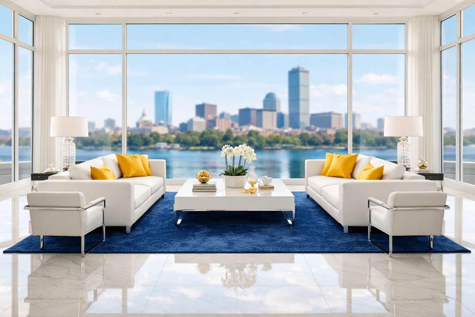 Sun-drenched living room after a bi-weekly house cleaning with polished marble floors and navy blue rugs.