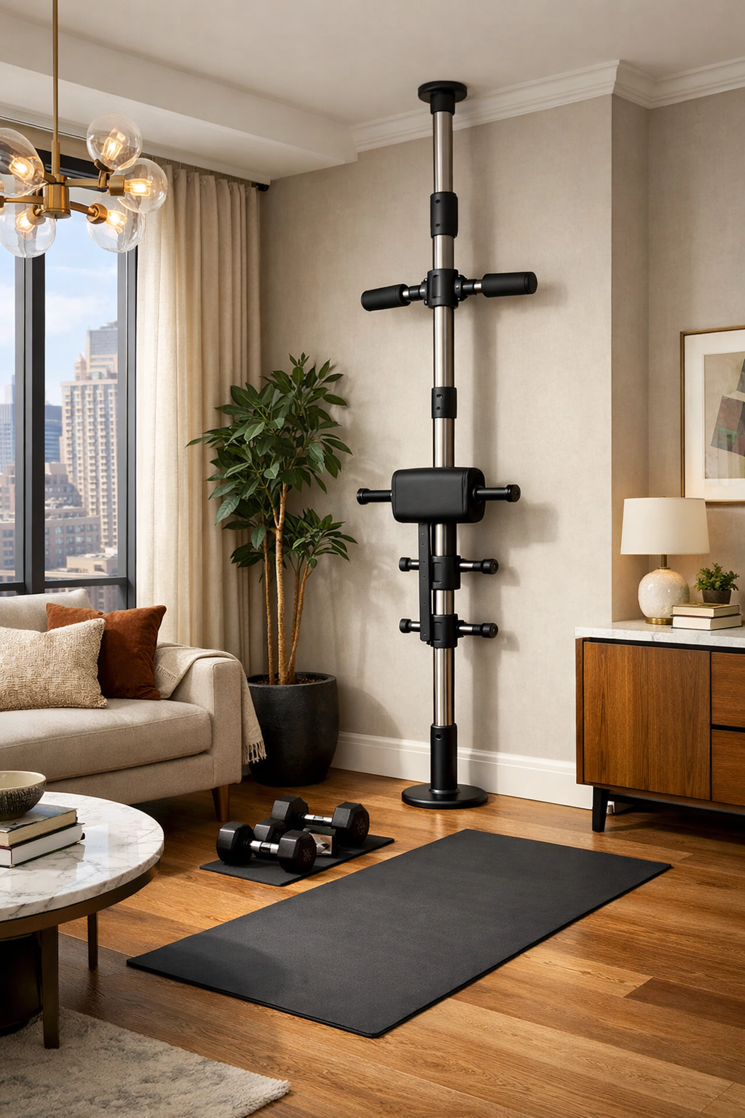 No wall damage workout system and home gym equipment integrated into a modern apartment.