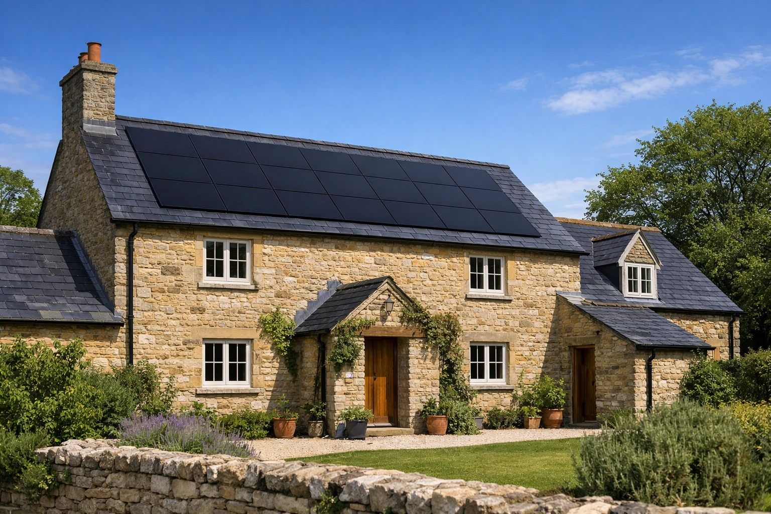 A traditional Dorset stone house with integrated black solar panels for sustainable and renewable energy.